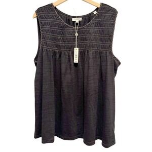 Max Studio London Smocked Yoke Womens 2X Black Sleeveless Blouse Boho Top NWT
